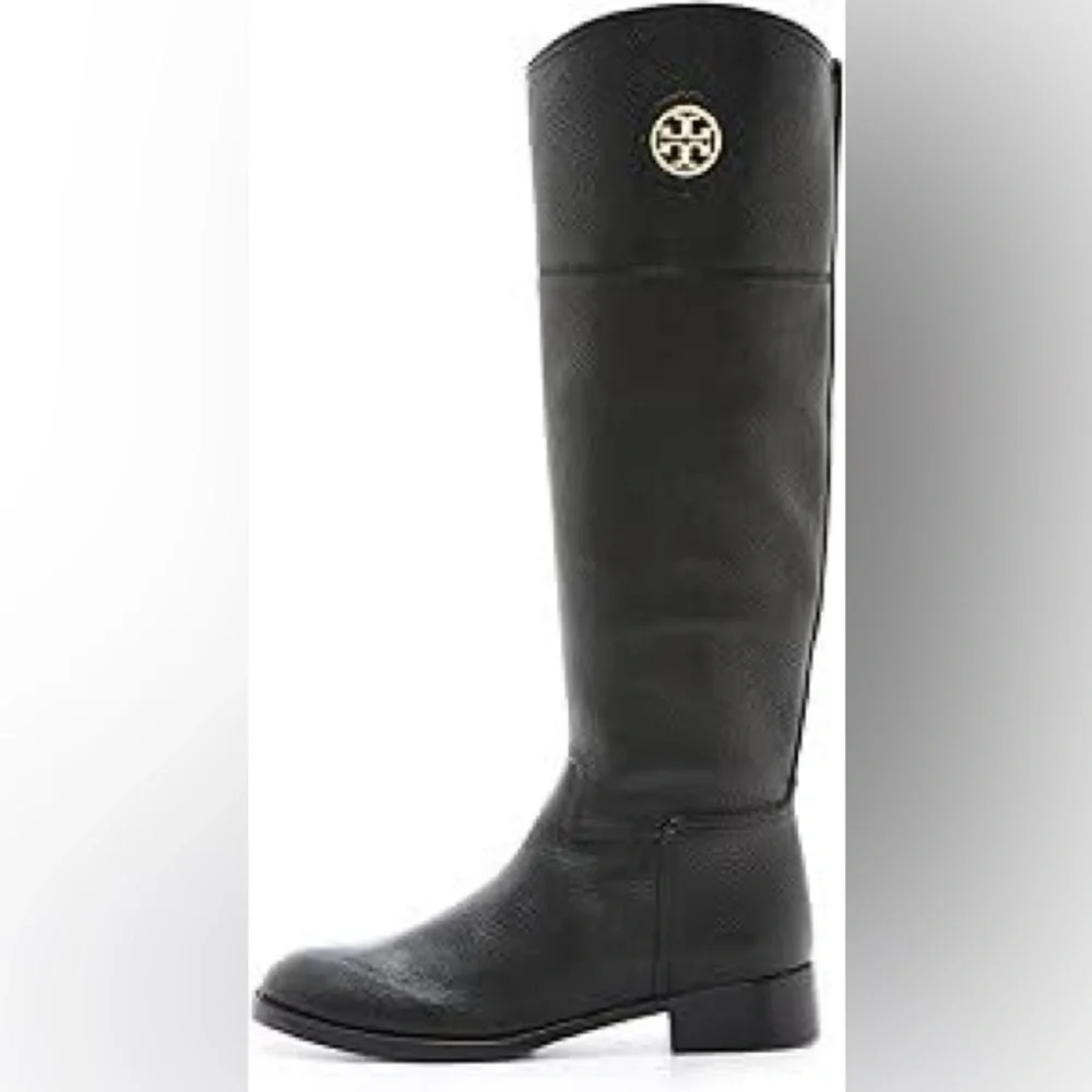 Tory Burch Junction Black Pebbled Leather Tall Riding Boots Gold Logo Size 7